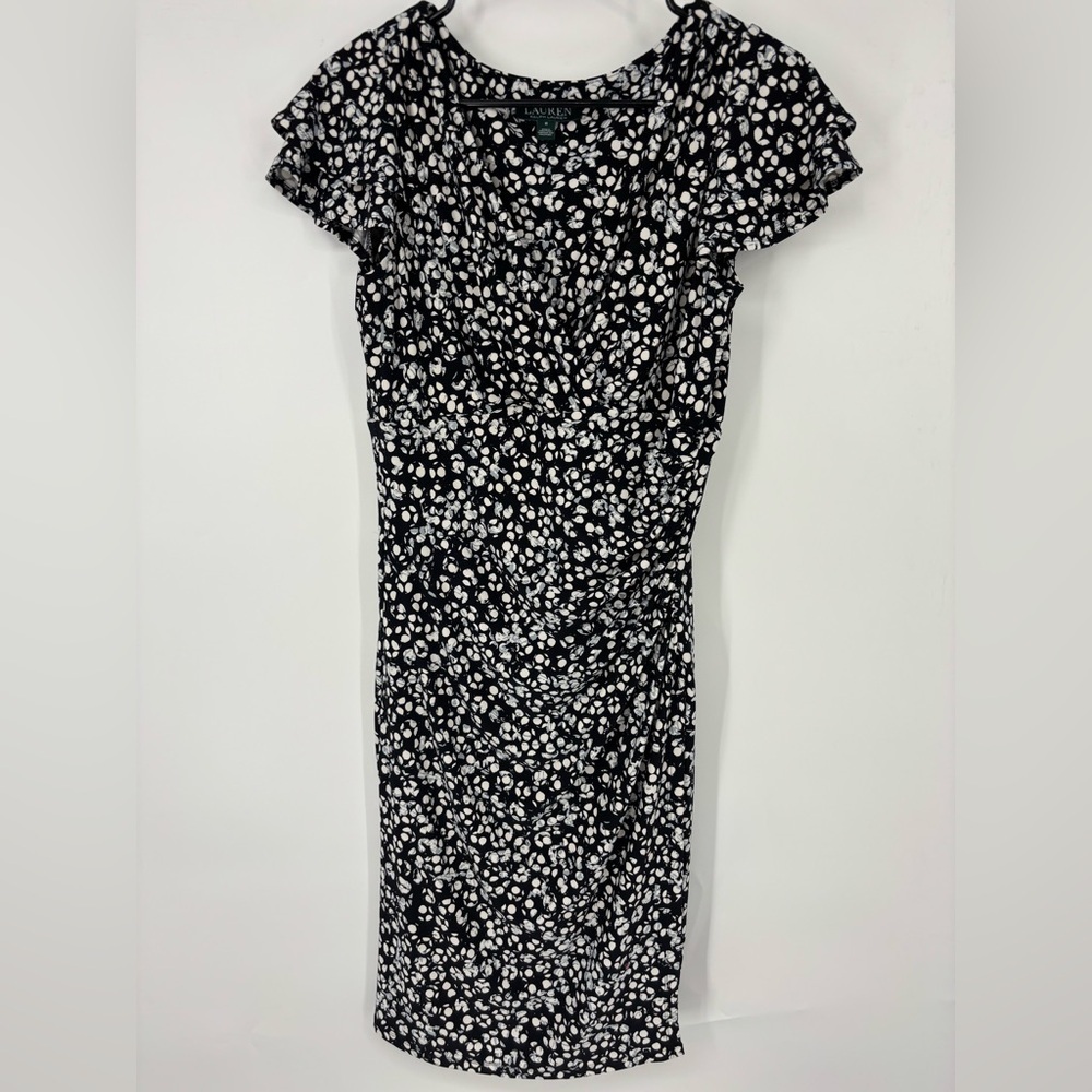NWOT Ralph Lauren V-Neck Cowl Wrap Ruched‎ Black and White Dress 8
